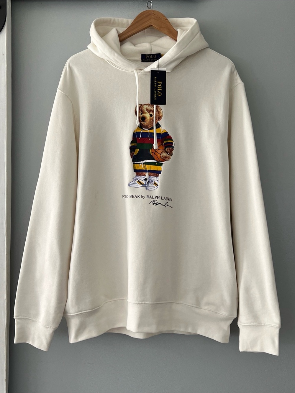 NWT Polo Ralph Lauren Men's White Polo Bear Fleece Sweatshirt Hoodie Pullover XL